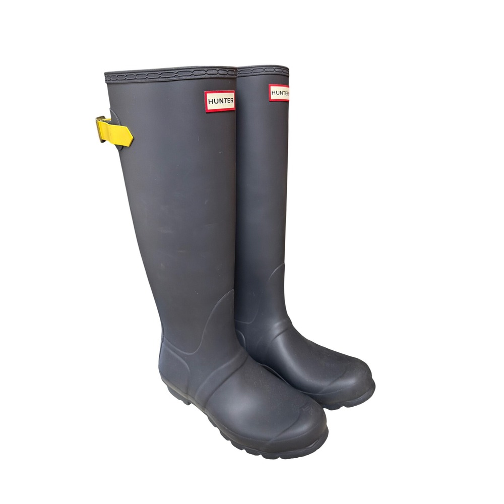 Hunter Original Back Adjustable Rain Boots Gray Yellow Matte Tall Womens Size 8